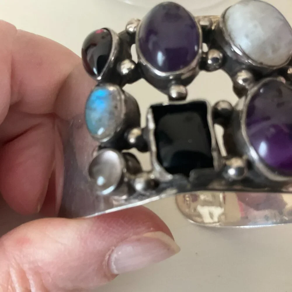 925 sterling silver cuff bracelet with 12 semi-precious stones